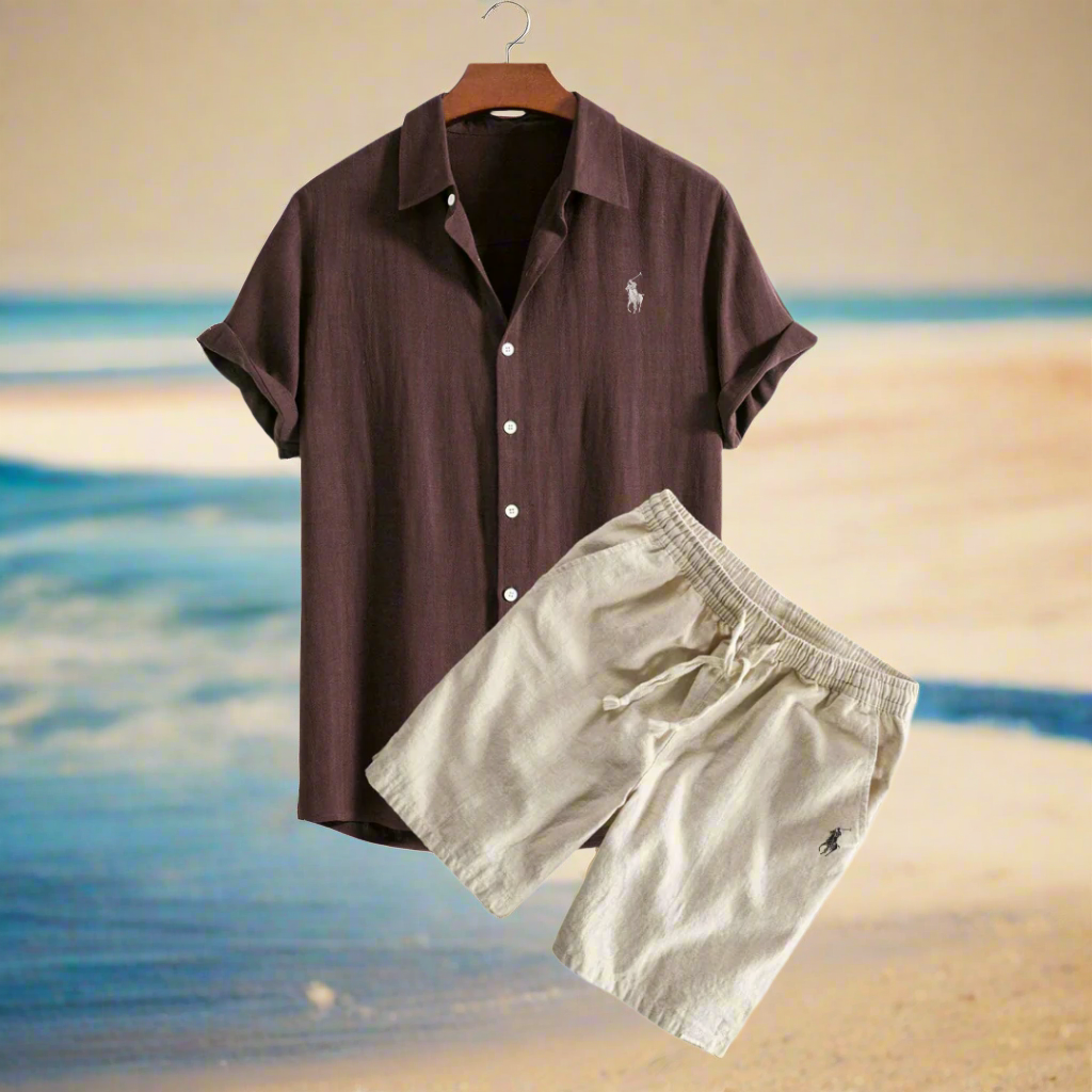 Linen Shirt and Shorts Set Brown Men Set