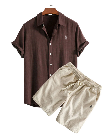 Linen Shirt and Shorts Set Brown Men Set