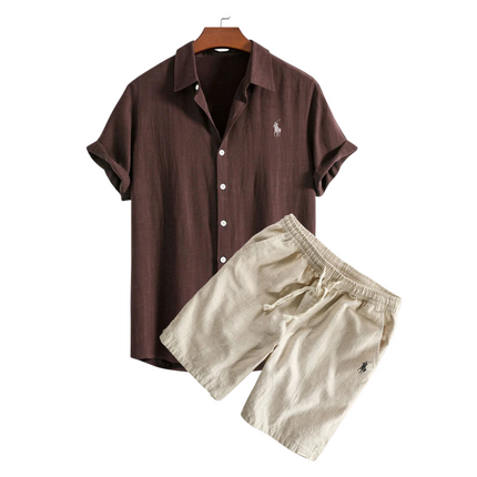 Linen Shirt and Shorts Set Brown Men Set