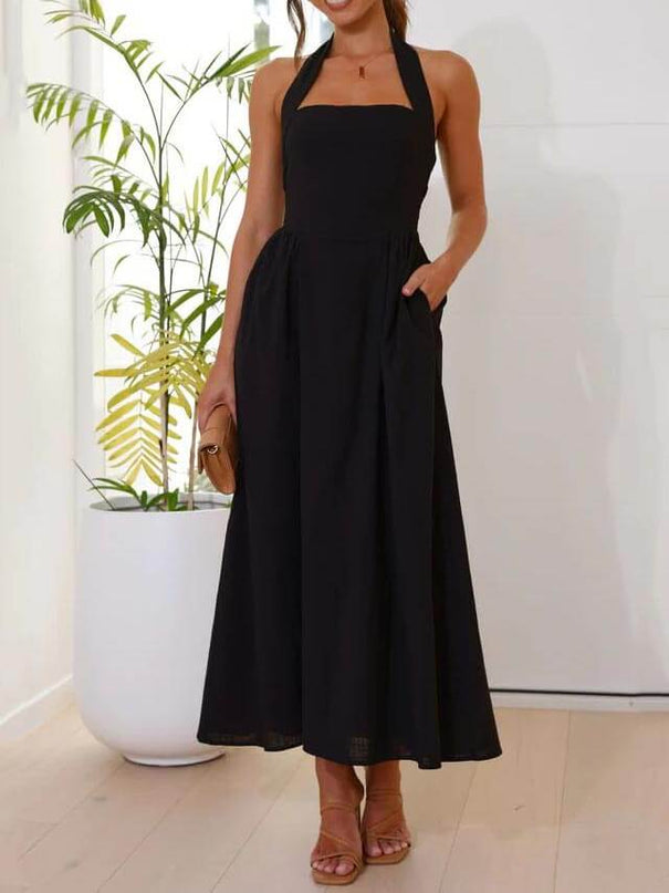 Waist Little Black Halter Neck Dress Mid Length Dress Dresses