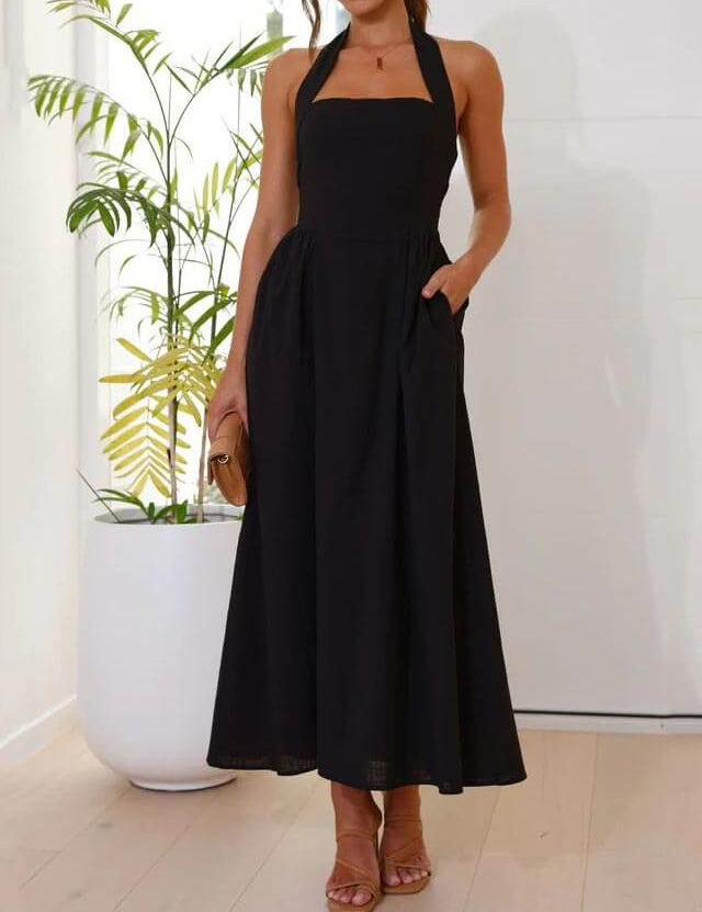 Waist Little Black Halter Neck Dress Mid Length Dress Dresses