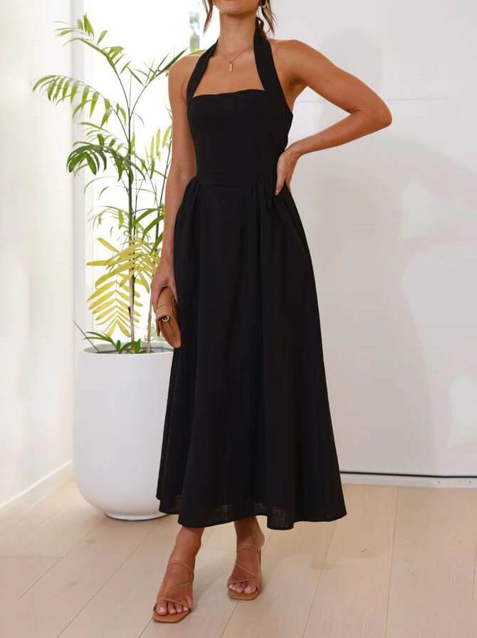 Waist Little Black Halter Neck Dress Mid Length Dress Dresses