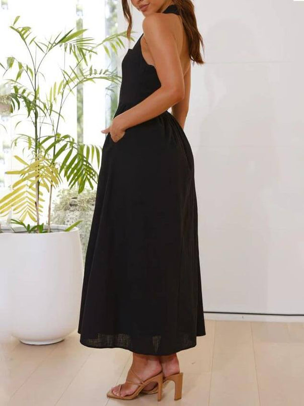 Waist Little Black Halter Neck Dress Mid Length Dress Dresses