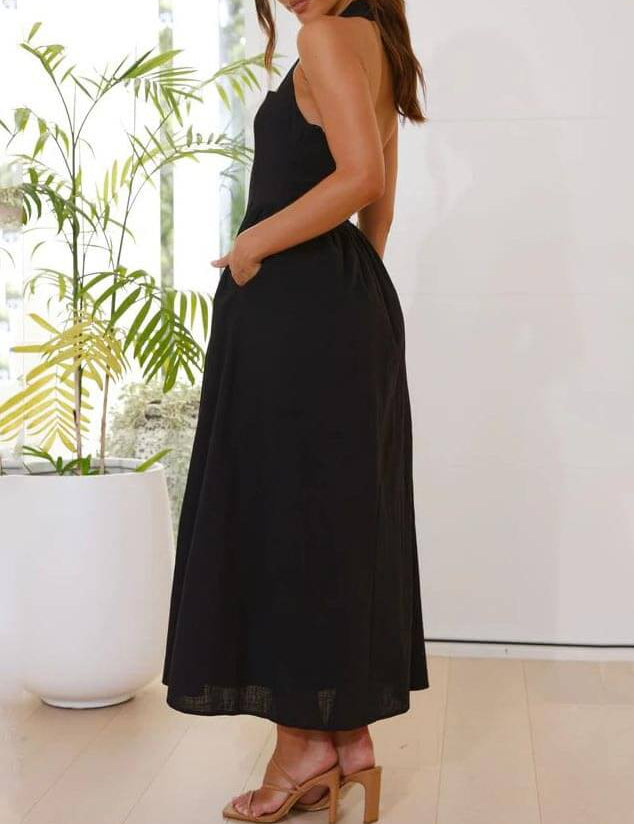 Waist Little Black Halter Neck Dress Mid Length Dress Dresses