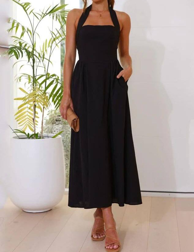 Waist Little Black Halter Neck Dress Mid Length Dress Black Dresses