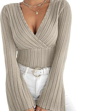 Women’s Ribbed Stripe V‑Neck Slim Fit Long-Sleeve Top Khaki Sweaters