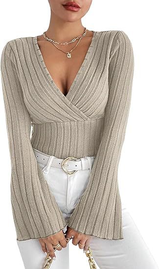 Women’s Ribbed Stripe V‑Neck Slim Fit Long-Sleeve Top Khaki Sweaters