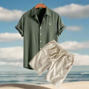 Linen Shirt and Shorts Set Dark Green Men Set