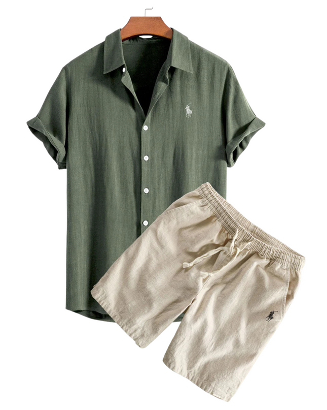 Linen Shirt and Shorts Set Dark Green Men Set