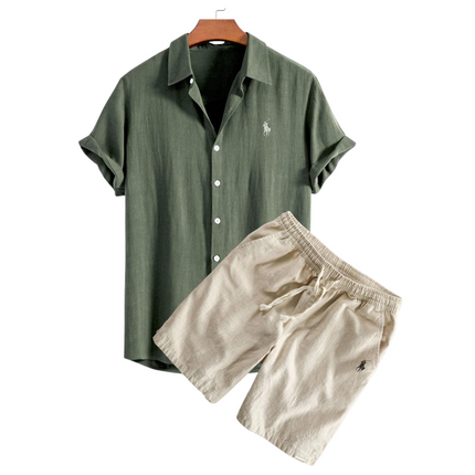 Linen Shirt and Shorts Set Dark Green Men Set