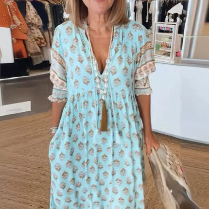 Bohemian Lantern Sleeve Ruffle Maxi Dress Blue Dresses