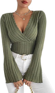 Women’s Ribbed Stripe V‑Neck Slim Fit Long-Sleeve Top Army Green Sweaters