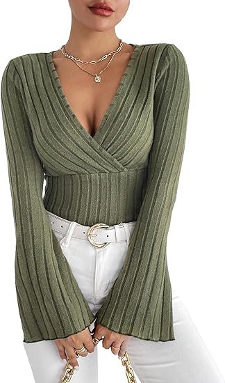 Women’s Ribbed Stripe V‑Neck Slim Fit Long-Sleeve Top Army Green Sweaters