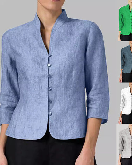 Women’s Slim Fit Button Jacket – Sleeve V-Neck Stand Collar Solid Color Outwear Top Women Tops