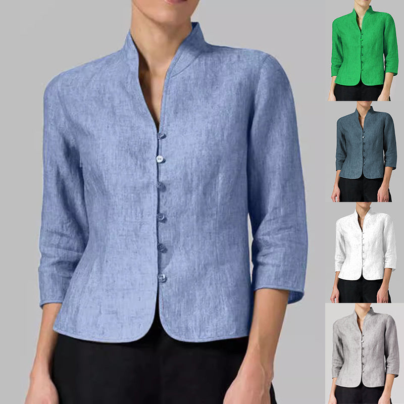 Women’s Slim Fit Button Jacket – Sleeve V-Neck Stand Collar Solid Color Outwear Top Women Tops