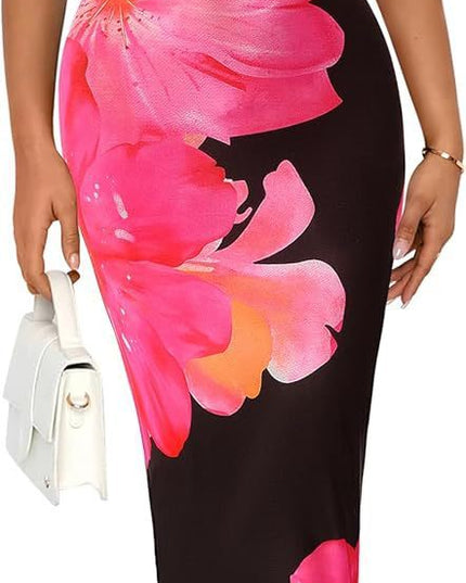 Women's Slim-Fit Floral Print Dress Black Pink Dress