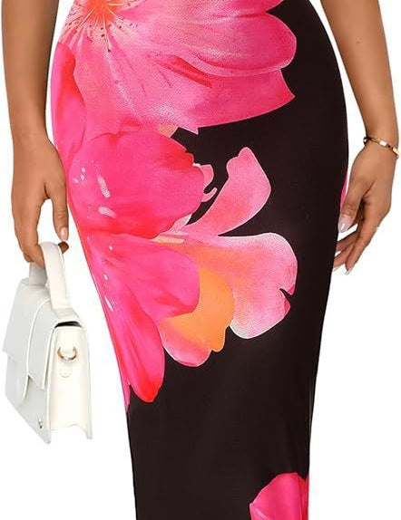 Women's Slim-Fit Floral Print Dress Black Pink Dress