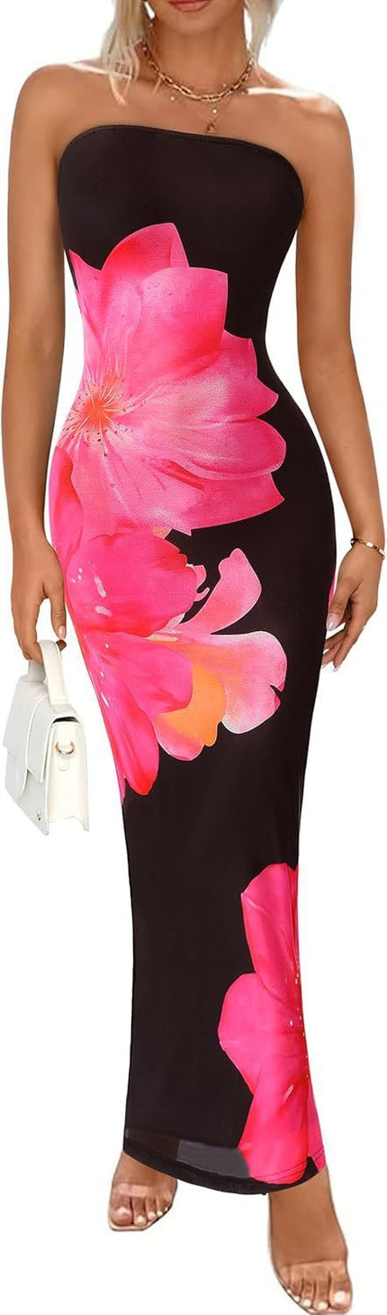 Women's Slim-Fit Floral Print Dress Black Pink Dress