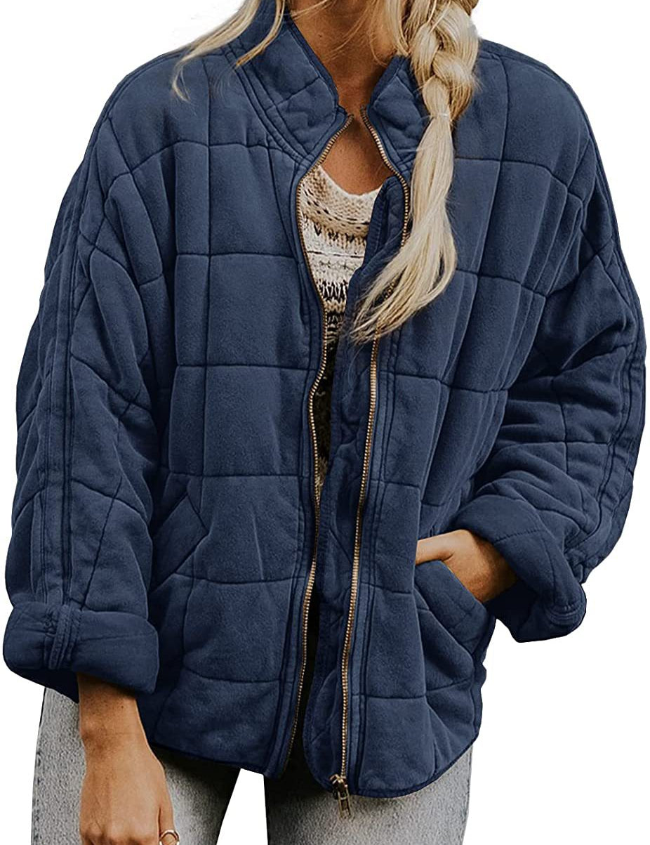 Plaid Stand-Collar Zip-Up Winter Coat for Women Navy Blue Coat