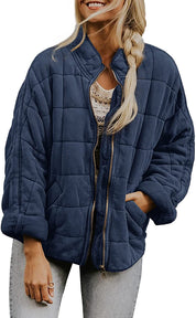 Plaid Stand-Collar Zip-Up Winter Coat for Women Navy Blue Coat