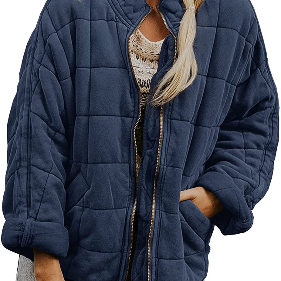 Plaid Stand-Collar Zip-Up Winter Coat for Women Navy Blue Coat