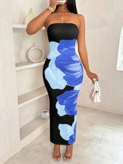 Women's Slim-Fit Floral Print Dress Blue Dress