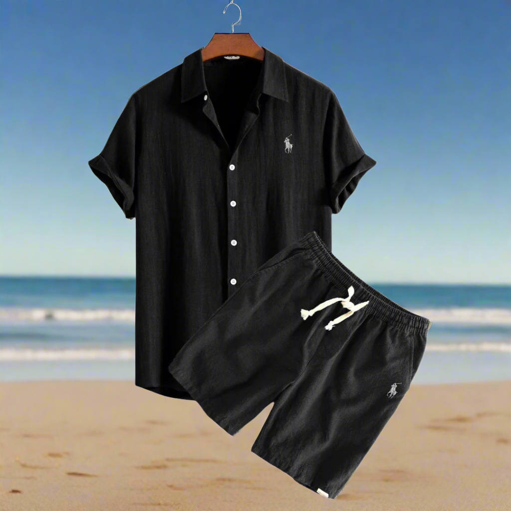 Linen Shirt and Shorts Set Black Men Set