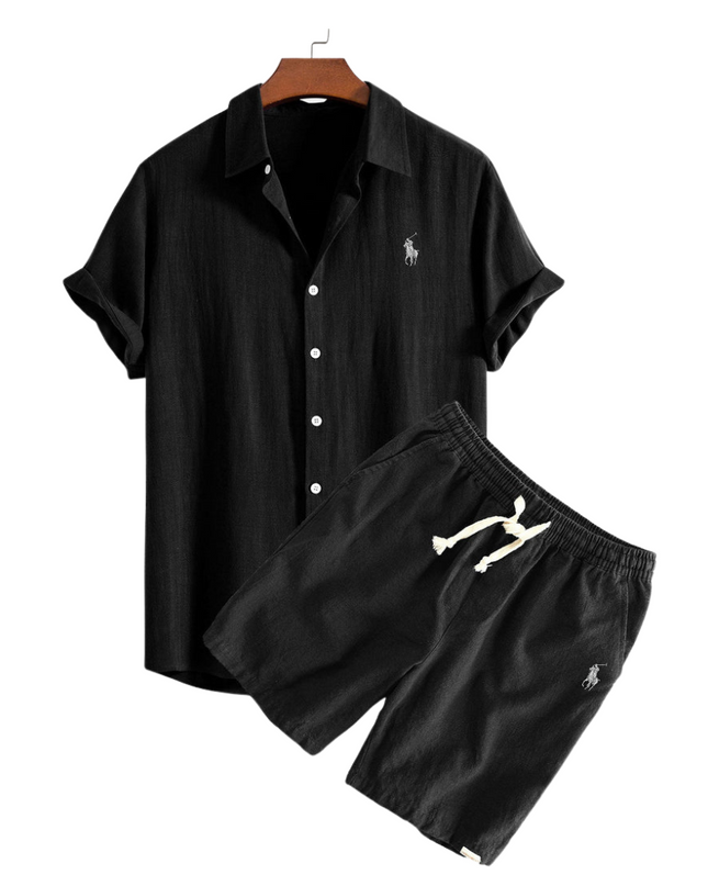 Linen Shirt and Shorts Set Black Men Set