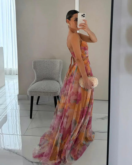 Elegant Printed Lace-Up Maxi Dress Dresses