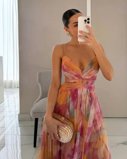 Elegant Printed Lace-Up Maxi Dress Pink Dresses