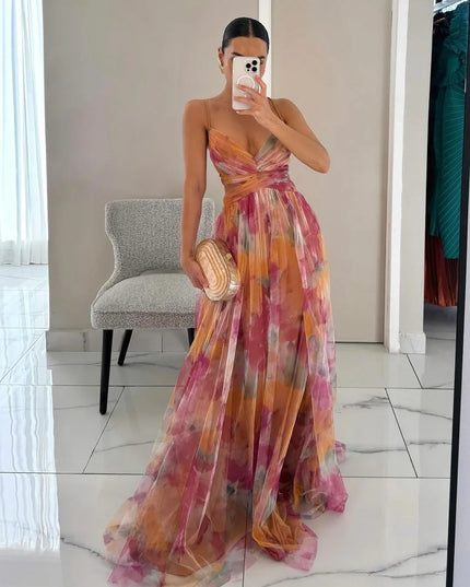 Elegant Printed Lace-Up Maxi Dress Dresses