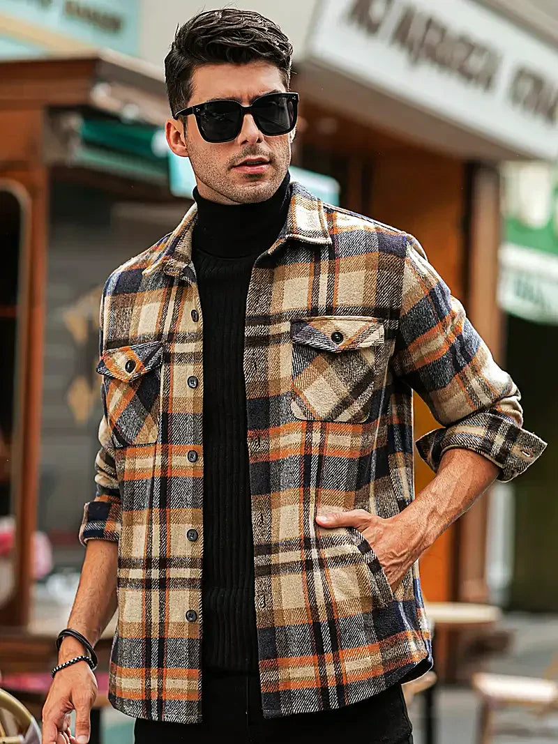 Men's Plaid Loose Cardigan Shirt Brown-grey Cardigan Shirt