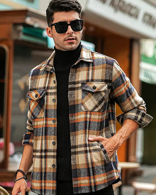 Men's Plaid Loose Cardigan Shirt Brown-grey Cardigan Shirt