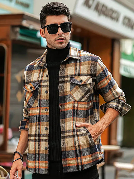 Men's Plaid Loose Cardigan Shirt Brown-grey Cardigan Shirt