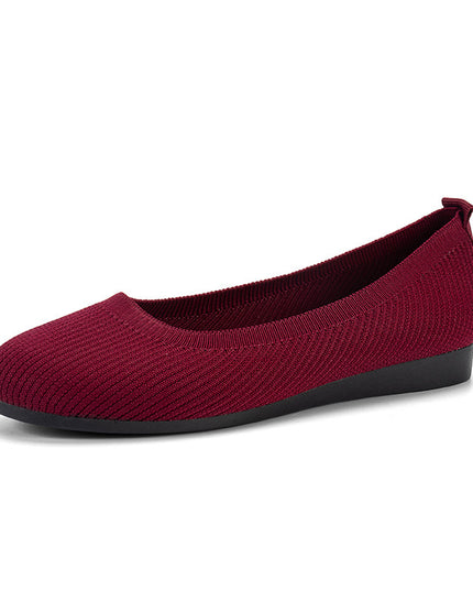 Women's Round Toe Knit Mesh Slip-On Flats Wine Red Sandals