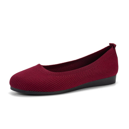 Women's Round Toe Knit Mesh Slip-On Flats Wine Red Sandals