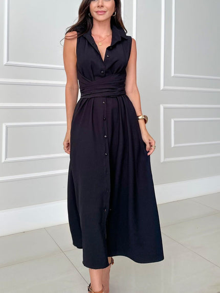 Unique Shirt Style Single-breasted Tie Midi Dress Black Dresses