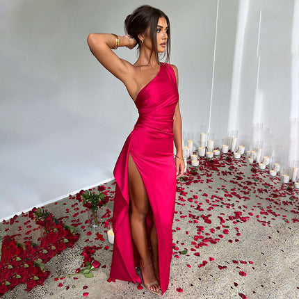 Elegant One-Shoulder Backless Satin Dress with High Slit Red Dresses