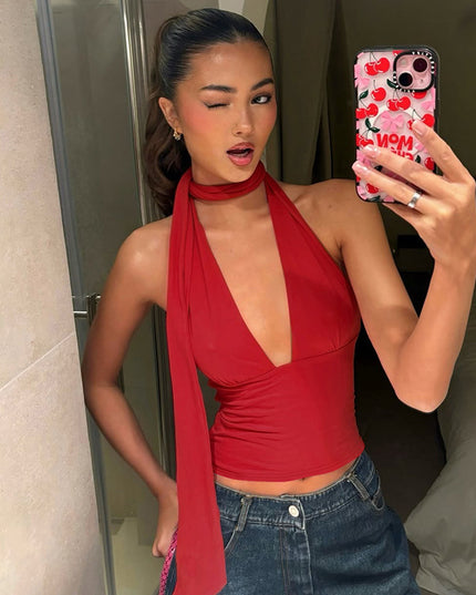 Women’s Deep V-Neck Halter Y2K Summer Crop Top – Sexy Sleeveless Tank Red Dresses