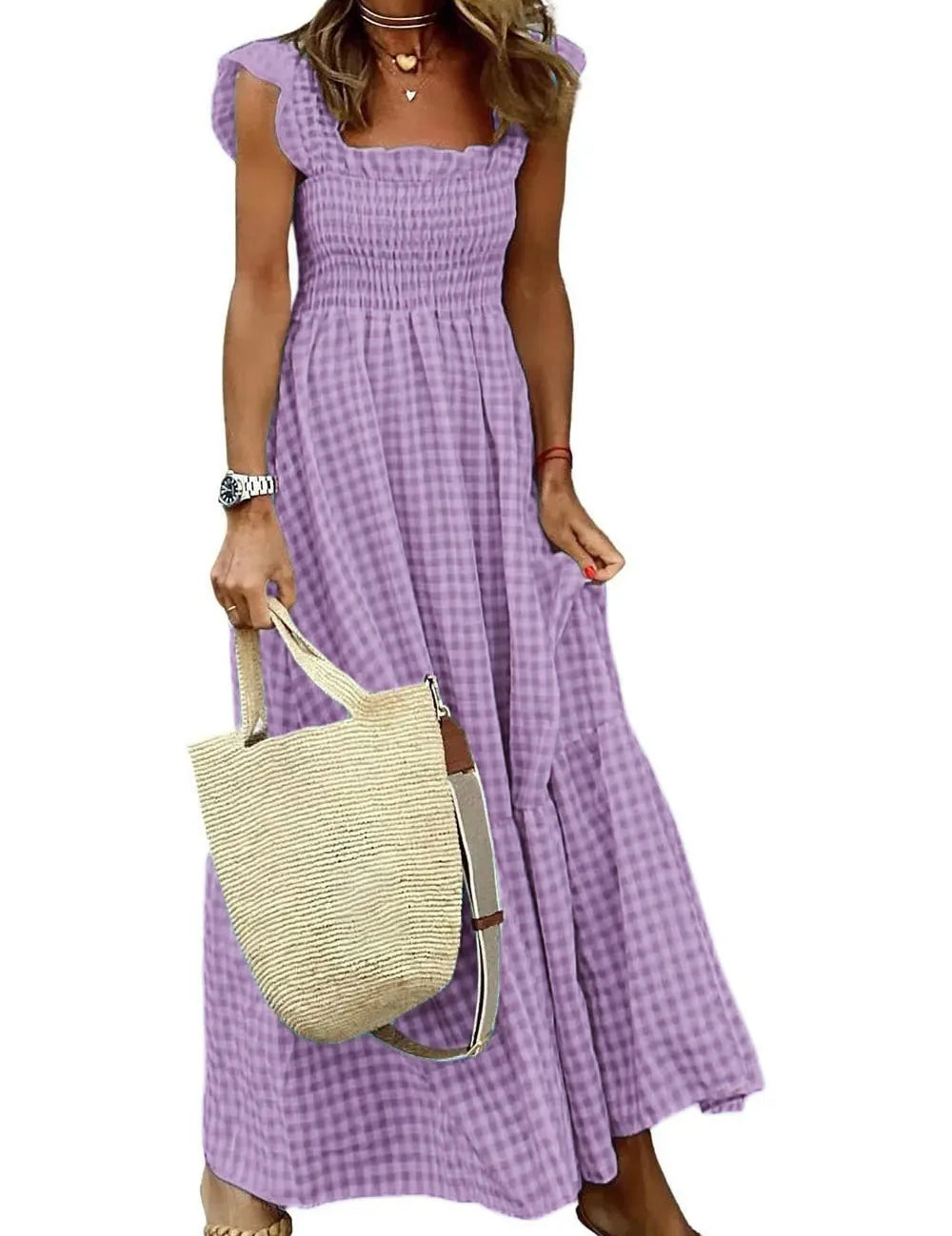 Summer Plaid Sleeveless Ruffle A-Line Dress Purple Dresses