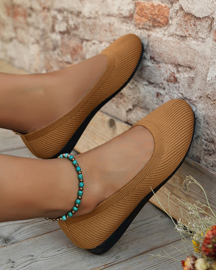Women's Round Toe Knit Mesh Slip-On Flats Chocolate Sandals