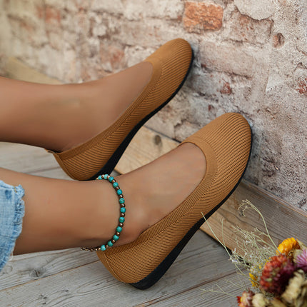 Women's Round Toe Knit Mesh Slip-On Flats Chocolate Sandals