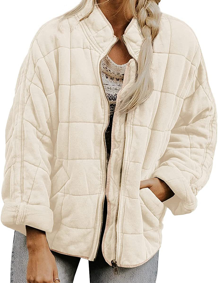 Plaid Stand-Collar Zip-Up Winter Coat for Women Apricot Coat