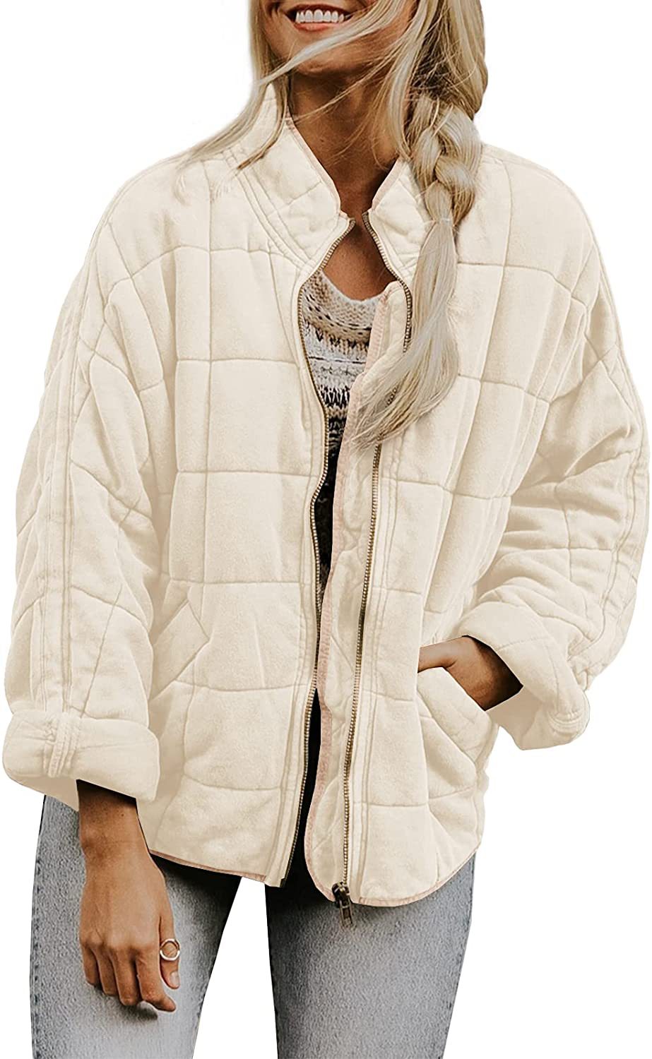 Plaid Stand-Collar Zip-Up Winter Coat for Women Apricot Coat