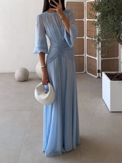 Elegant High Neck Balloon Sleeve Maxi Dress Blue Dresses