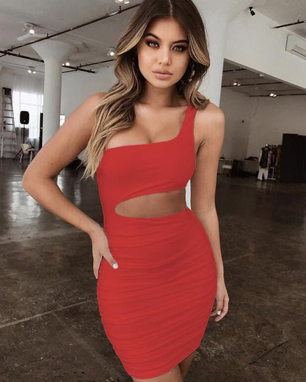 Women's One-Shoulder Hollow Out Mini Dress Red Dresses