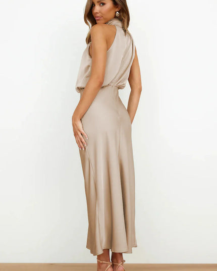 Imelda™ | Long Satin Dress with Halter Neckline Dress