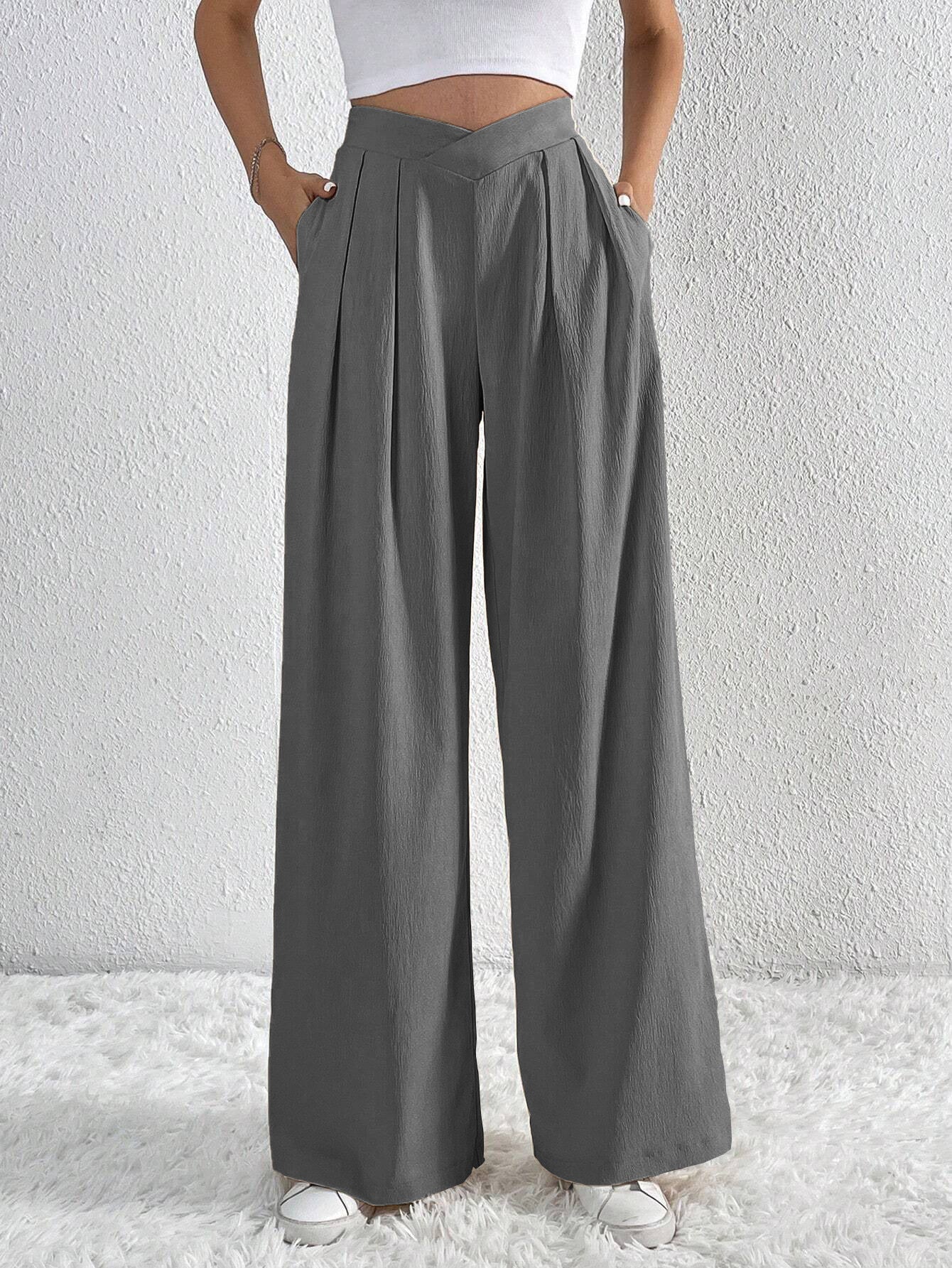Summer New Solid Color Pleated Casual Wide-leg Pants Loose Casual Women's Commuting Versatile Style Comfortable TrousersS Gray