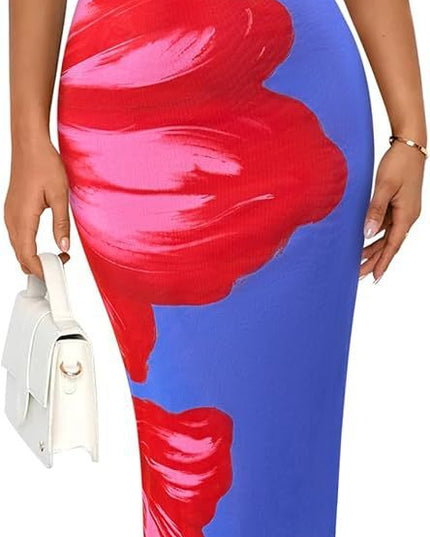 Women's Slim-Fit Floral Print Dress Blue Red Flower Dress