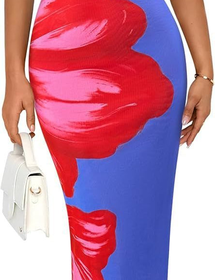 Women's Slim-Fit Floral Print Dress Blue Red Flower Dress